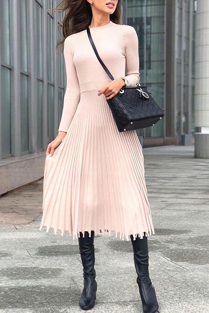 Casual Sweet Solid Patchwork Fold O Neck A Line Dresses