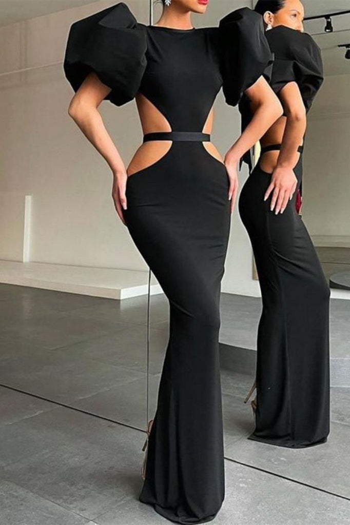 Fashion Sexy Solid Hollowed Out Slit O Neck Evening Dress