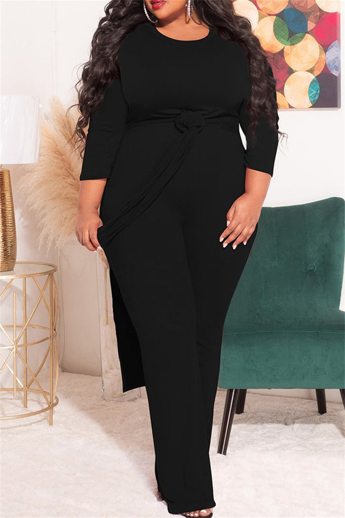 Fashion Casual Solid Slit O Neck Plus Size Two Pieces