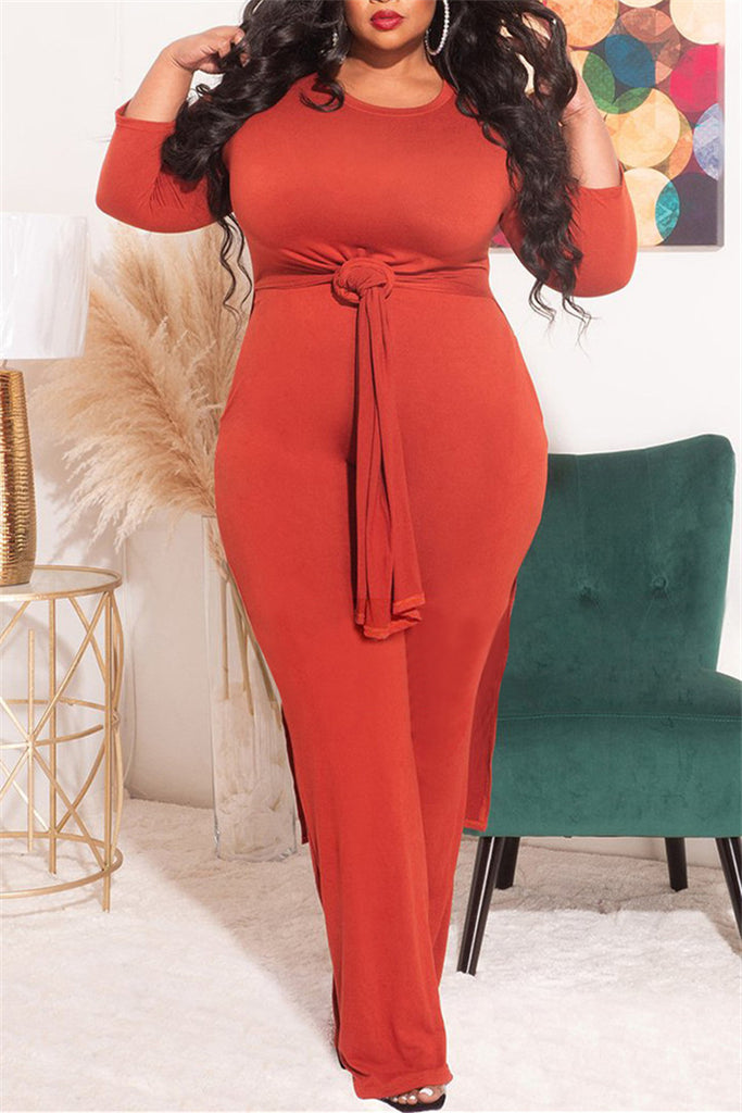 Fashion Casual Solid Slit O Neck Plus Size Two Pieces