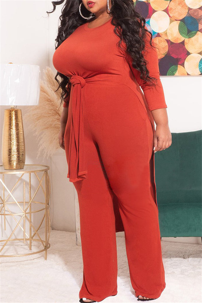 Fashion Casual Solid Slit O Neck Plus Size Two Pieces