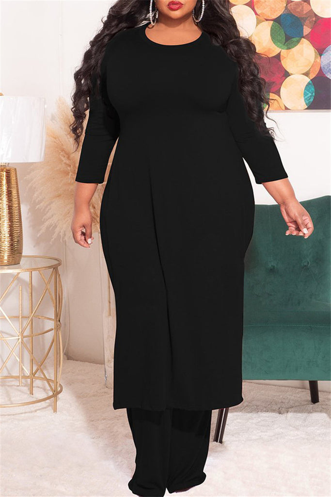 Fashion Casual Solid Slit O Neck Plus Size Two Pieces