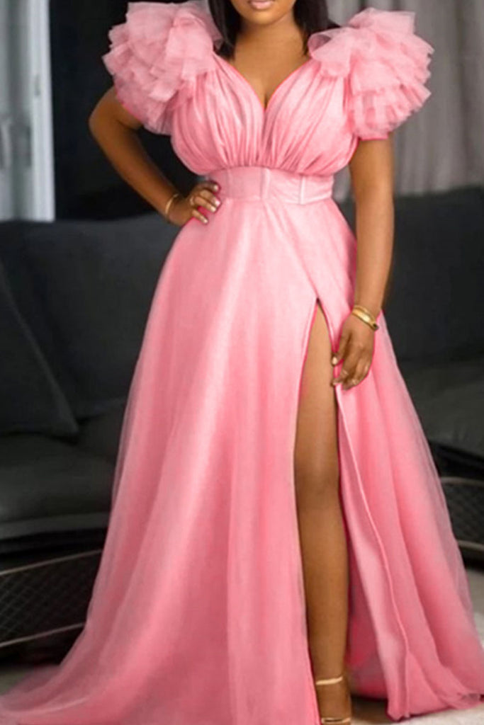 Sexy Elegant Solid Patchwork V Neck Evening Dress Plus Size Dresses