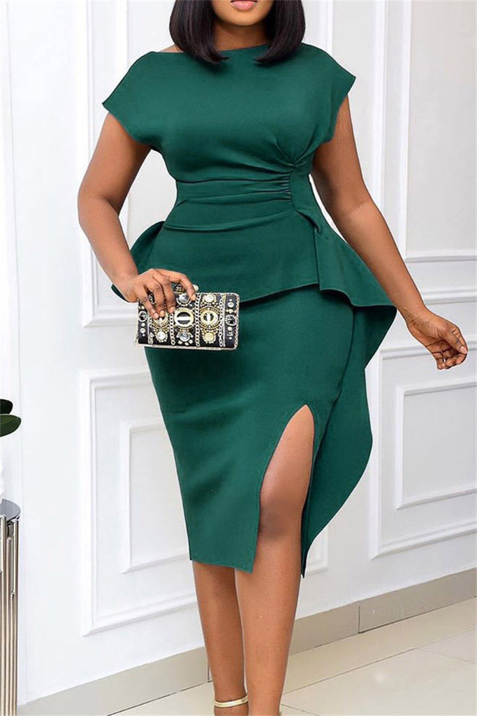 Fashion Casual Solid Patchwork Slit O Neck Pencil Dress