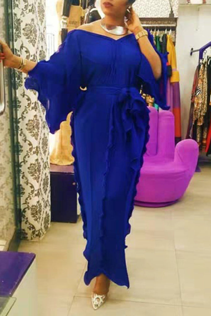 Casual Sweet Solid Patchwork Flounce V Neck Straight Dresses