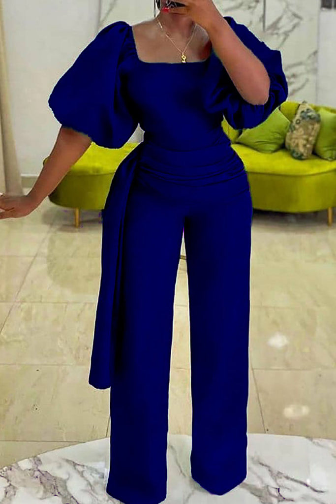Casual Solid Patchwork Square Collar Straight Jumpsuits