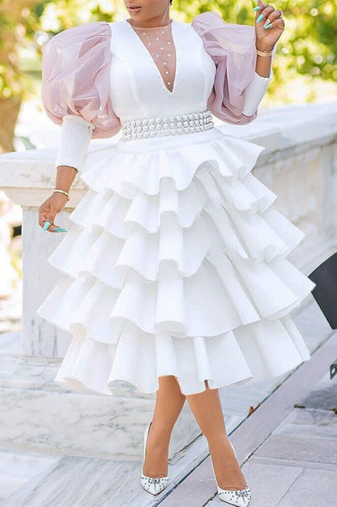 Fashion Casual Patchwork See-through Beading O Neck Cake Skirt Dresses