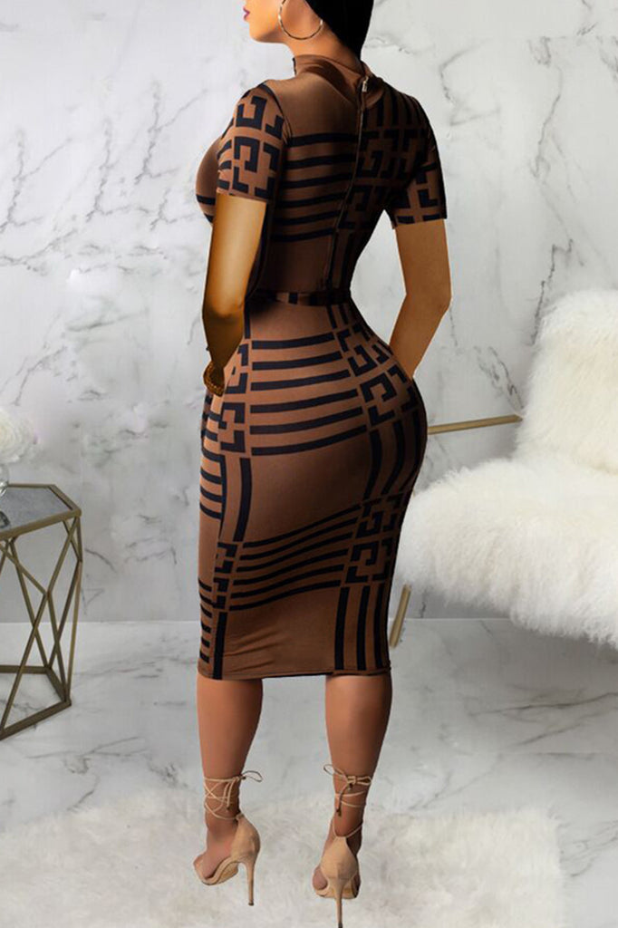 Fashion Casual Print With Belt Turtleneck Short Sleeve Dress Dresses