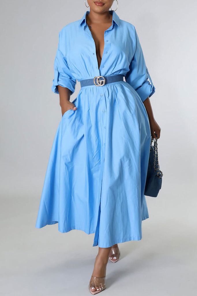 Casual Solid Patchwork Buckle Turndown Collar Shirt Dress Dresses