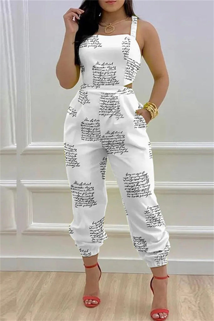 Fashion Casual Letter Print Bandage Backless Spaghetti Strap Regular Jumpsuits