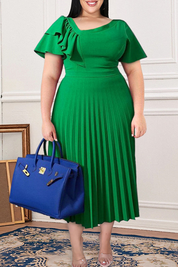 Fashion Casual Solid Patchwork Oblique Collar Pleated Plus Size Dresses