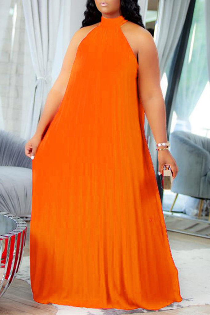 Elegant Solid Patchwork Fold Halter A Line Plus Size Dresses