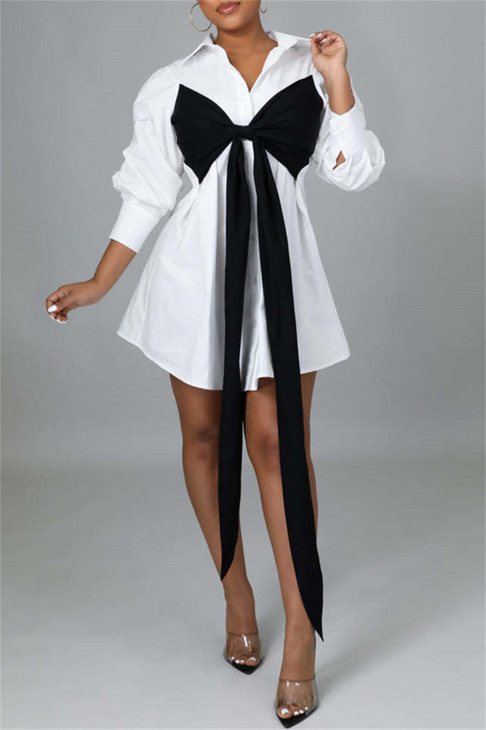 Fashion Casual Solid Metal Accessories Decoration With Bow Turndown Collar Shirt Dress Dresses