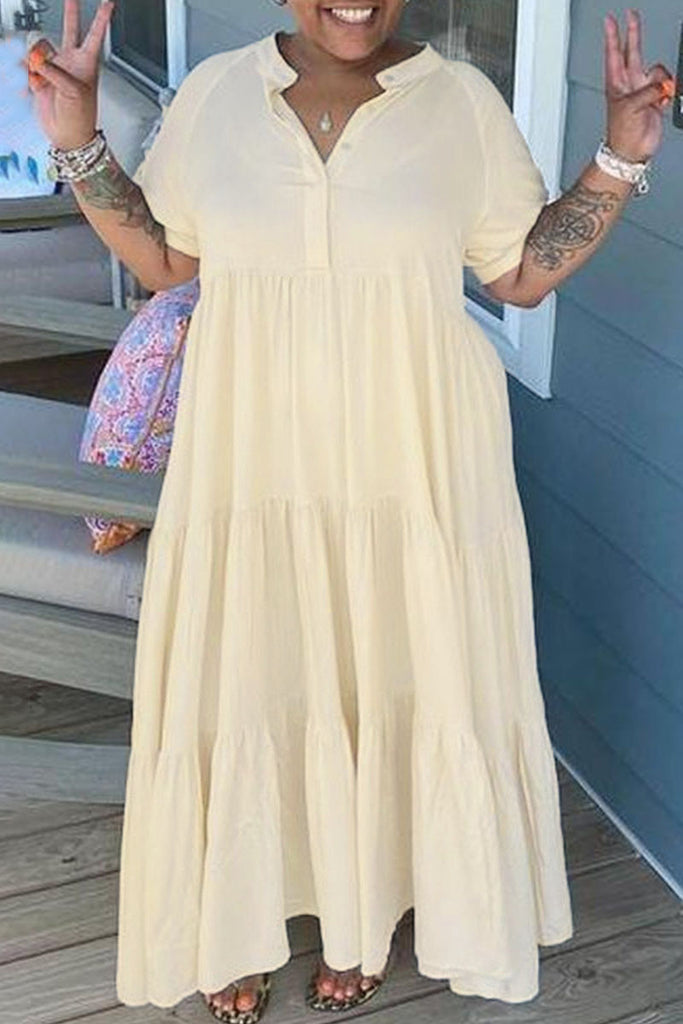 Casual Solid Patchwork Fold Turndown Collar Straight Plus Size Dresses