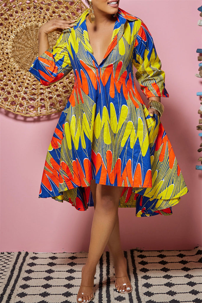 Fashion Casual Print Patchwork Turndown Collar Shirt Dress