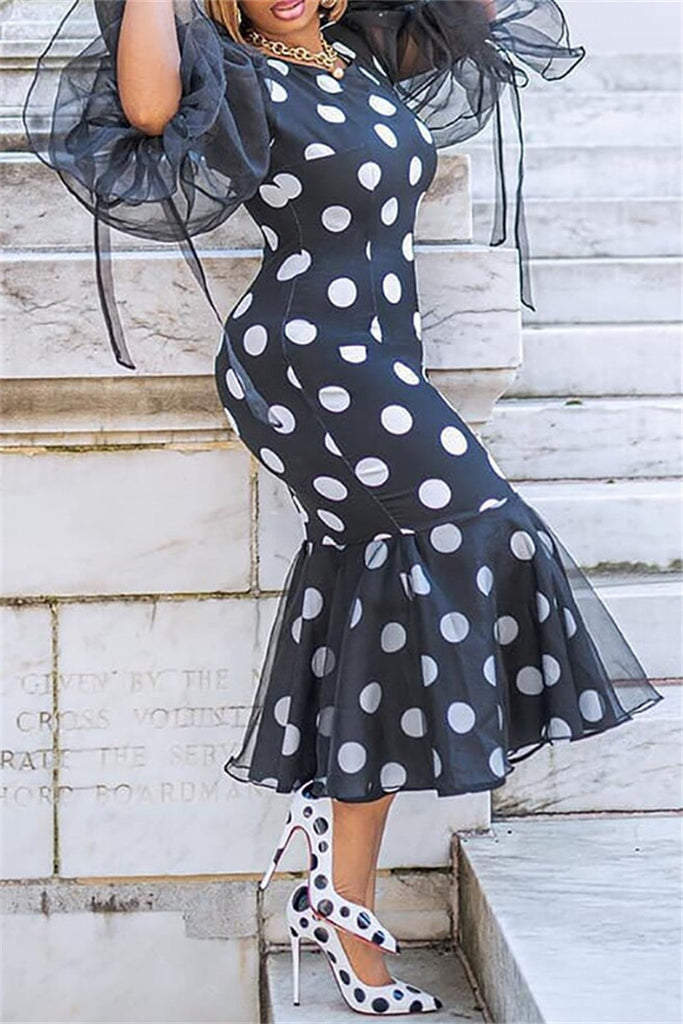 Fashion Casual Dot Print Patchwork O Neck One Step Skirt Dresses