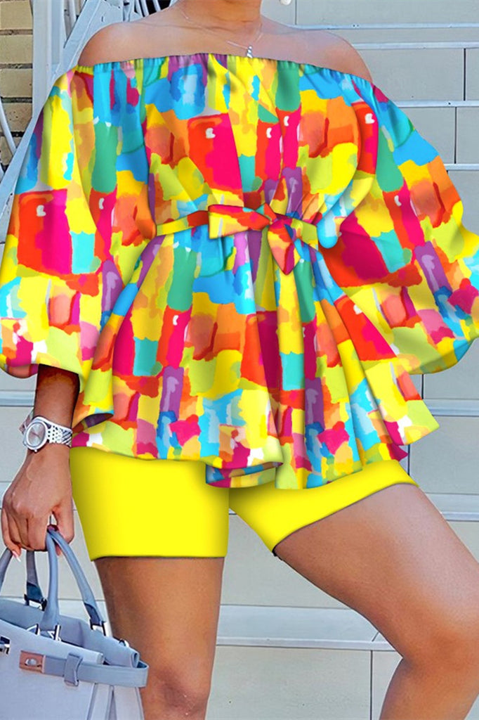 Casual Print Patchwork Off the Shoulder Long Sleeve Two Pieces