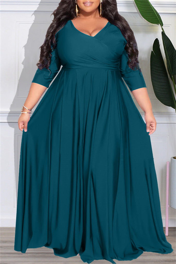 Casual Solid Patchwork V Neck Long Sleeve Plus Size Dresses