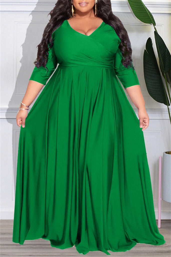 Casual Solid Patchwork V Neck Long Sleeve Plus Size Dresses