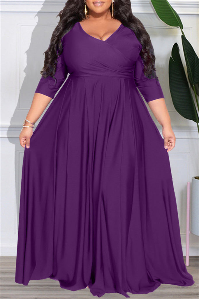 Casual Solid Patchwork V Neck Long Sleeve Plus Size Dresses