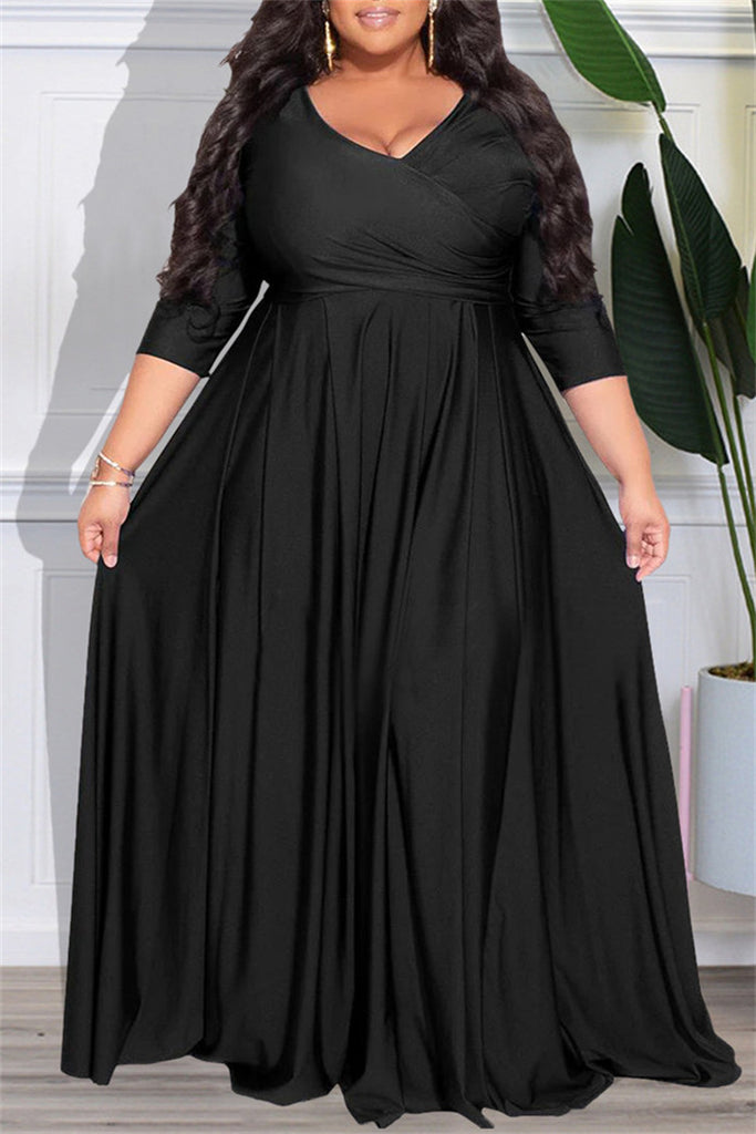 Casual Solid Patchwork V Neck Long Sleeve Plus Size Dresses