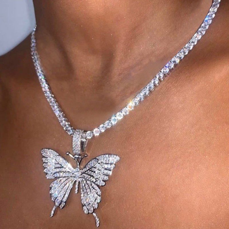 Butterfly Double-layer Rhinestone Pendant Necklace