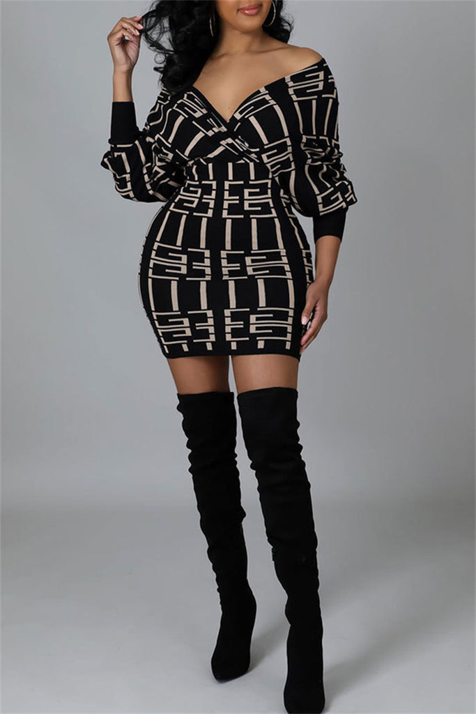 Casual Print Patchwork V Neck Long Sleeve Dresses