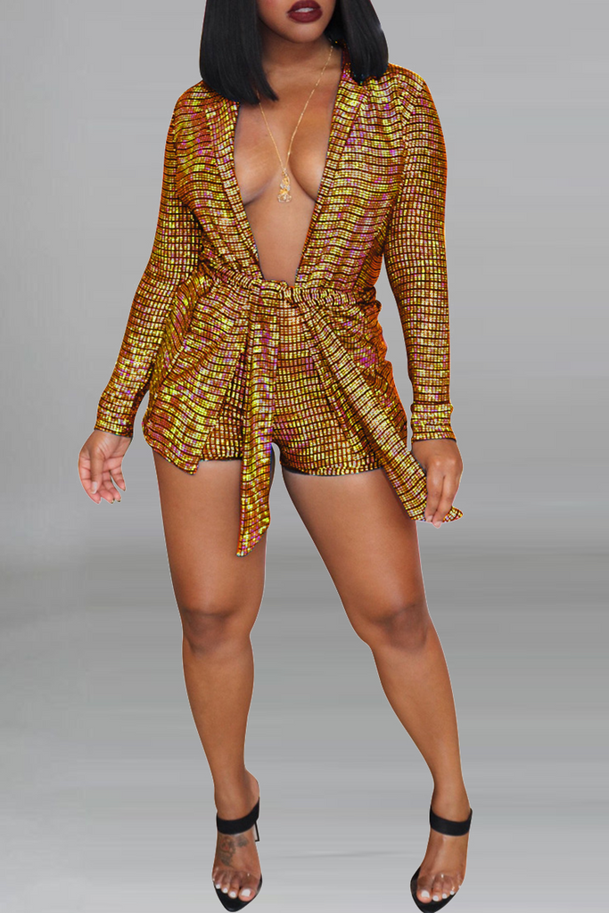 Sexy Bronzing Bandage Turndown Collar Long Sleeve Two Pieces