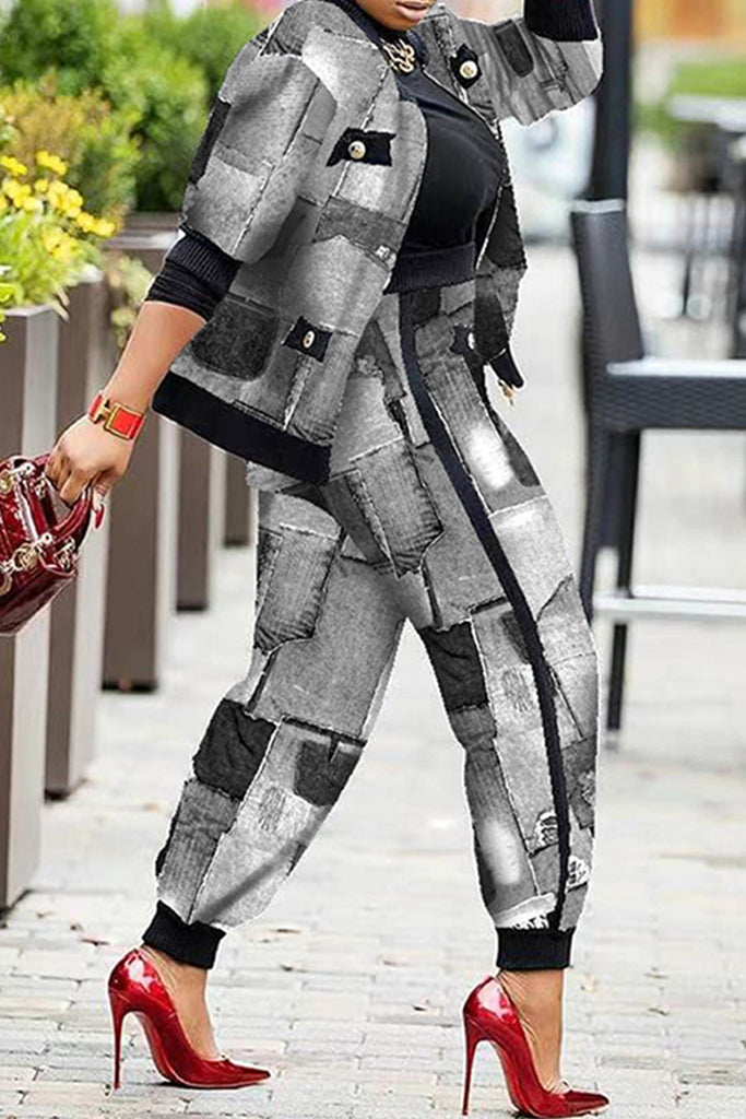 Fashion Casual Print Patchwork Long Sleeve Two Pieces