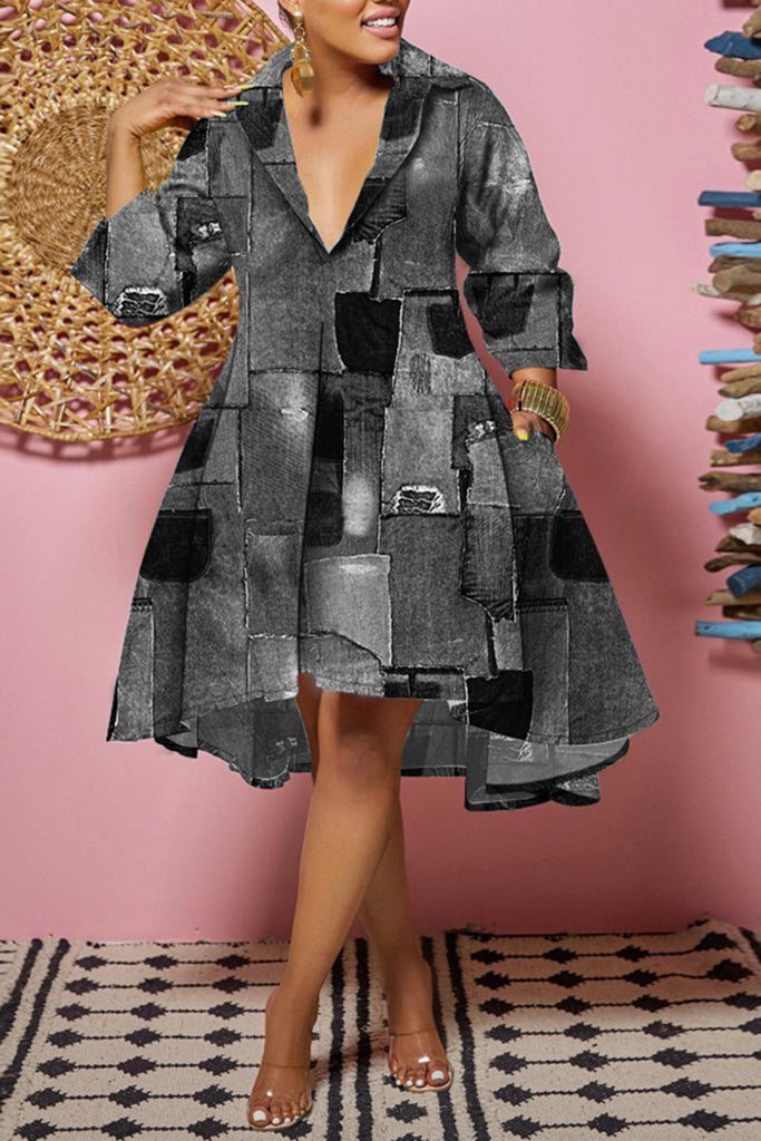 Fashion Casual Print Patchwork Turndown Collar Shirt Dress