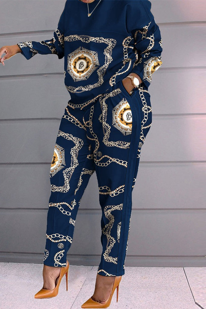 Fashion Casual Print Patchwork O Neck Long Sleeve Two Pieces