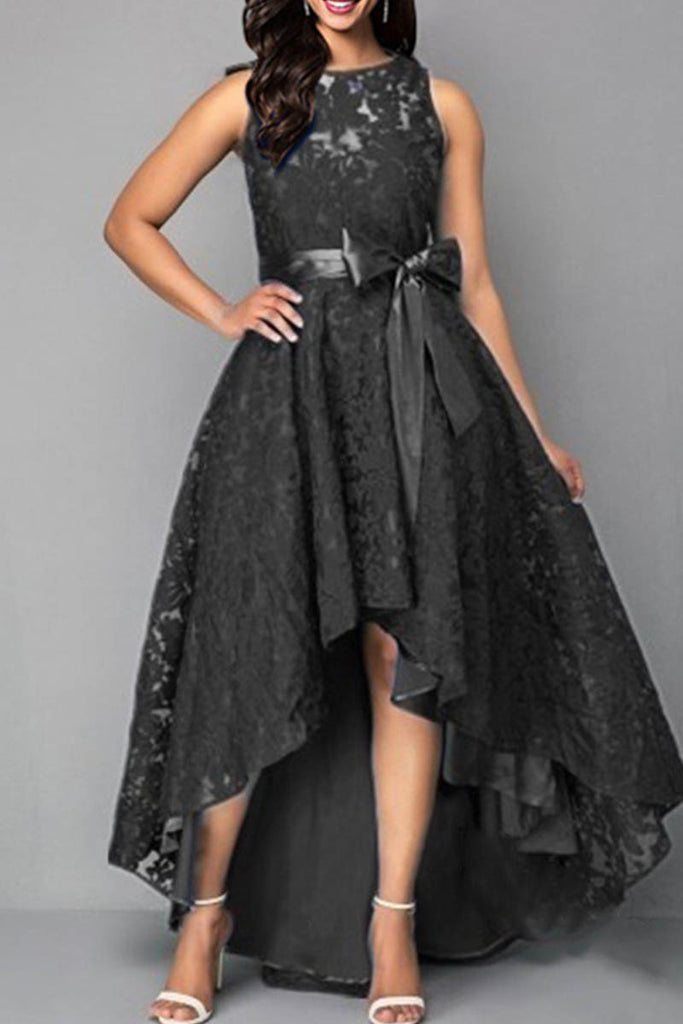 Sexy Formal Solid Patchwork Asymmetrical With Bow O Neck Evening Dress Dresses