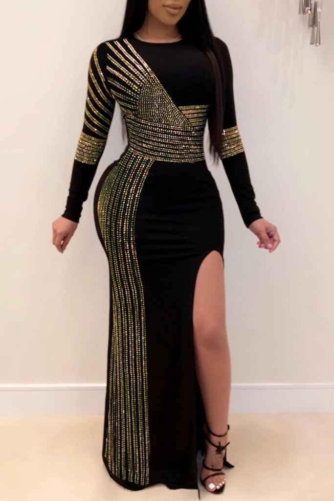 Sexy Patchwork Hot Drilling Slit O Neck Long Sleeve Dresses