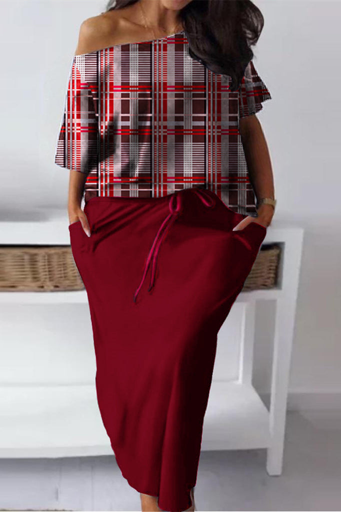 Casual Daily Print Basic Off the Shoulder Plus Size Two Pieces
