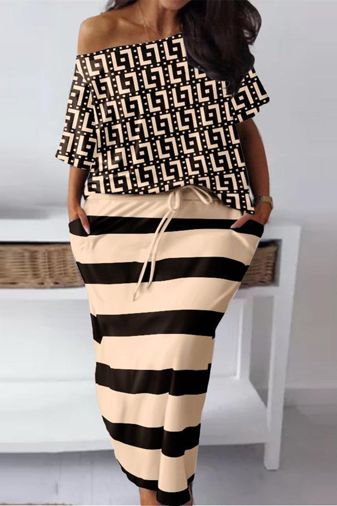 Casual Daily Print Basic Off the Shoulder Plus Size Two Pieces