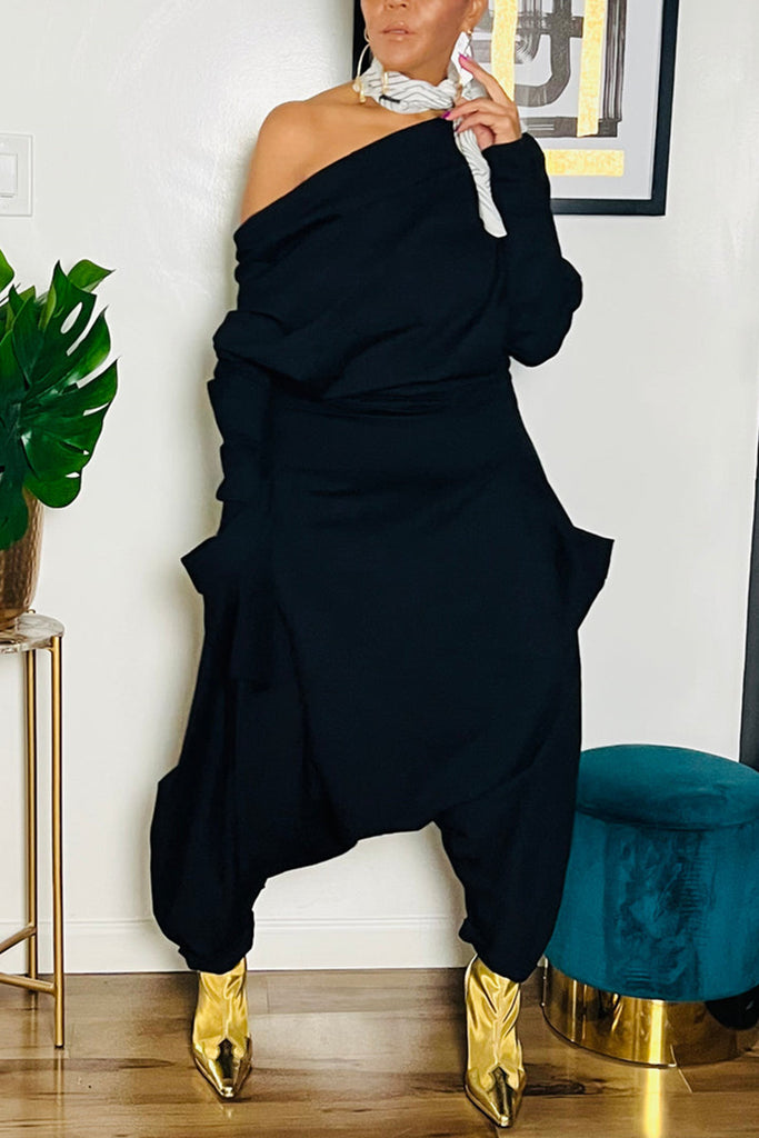 Sexy Street Solid Pocket Asymmetrical Oblique Collar Harlan Jumpsuits