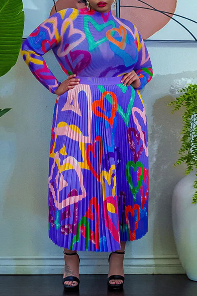 Elegant Print Patchwork Fold O Neck Long Sleeve Two Pieces