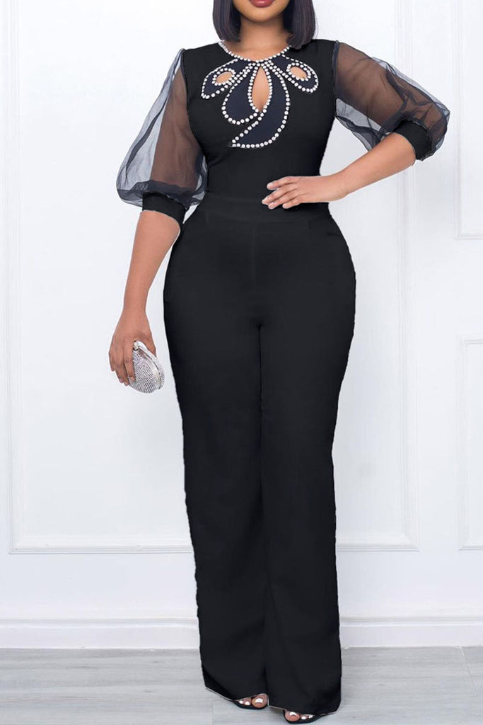 Elegant Solid Hollowed Out Patchwork Beading O Neck Straight Jumpsuits