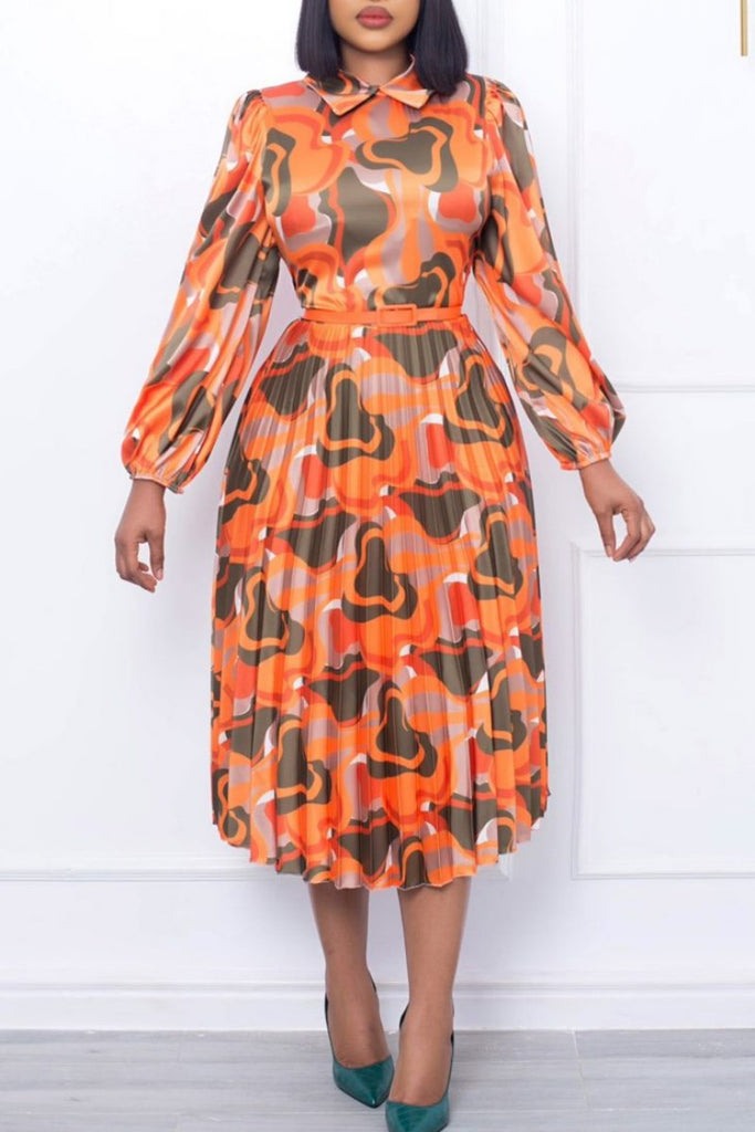 Casual Print Patchwork Turndown Collar Long Sleeve Dresses (Without Belt)
