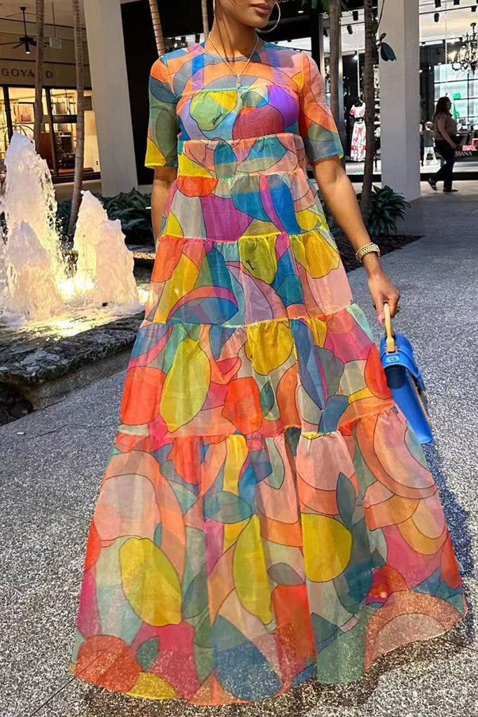 Casual Print Patchwork O Neck Straight Dresses