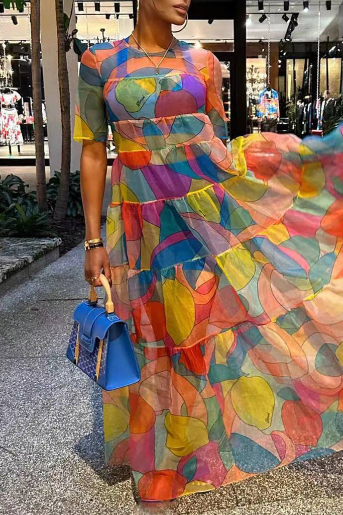 Casual Print Patchwork O Neck Straight Dresses