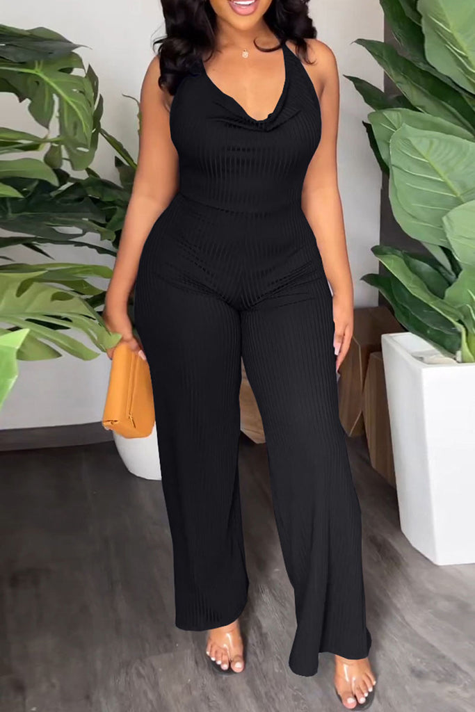 Sexy Solid Patchwork Backless Halter Straight Jumpsuits