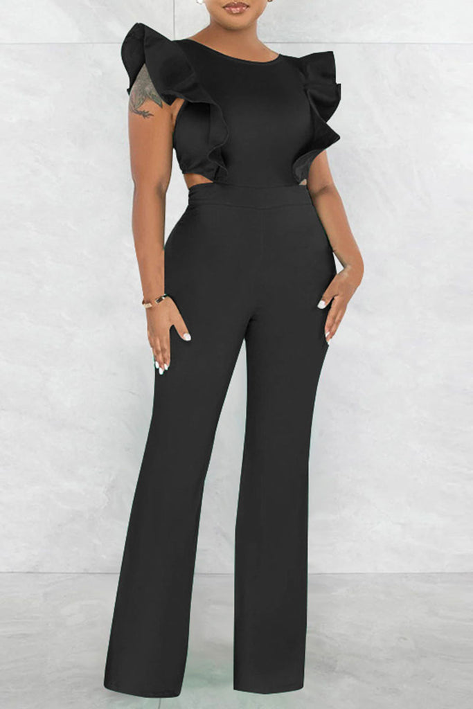 Sexy Solid Patchwork Flounce O Neck Straight Jumpsuits
