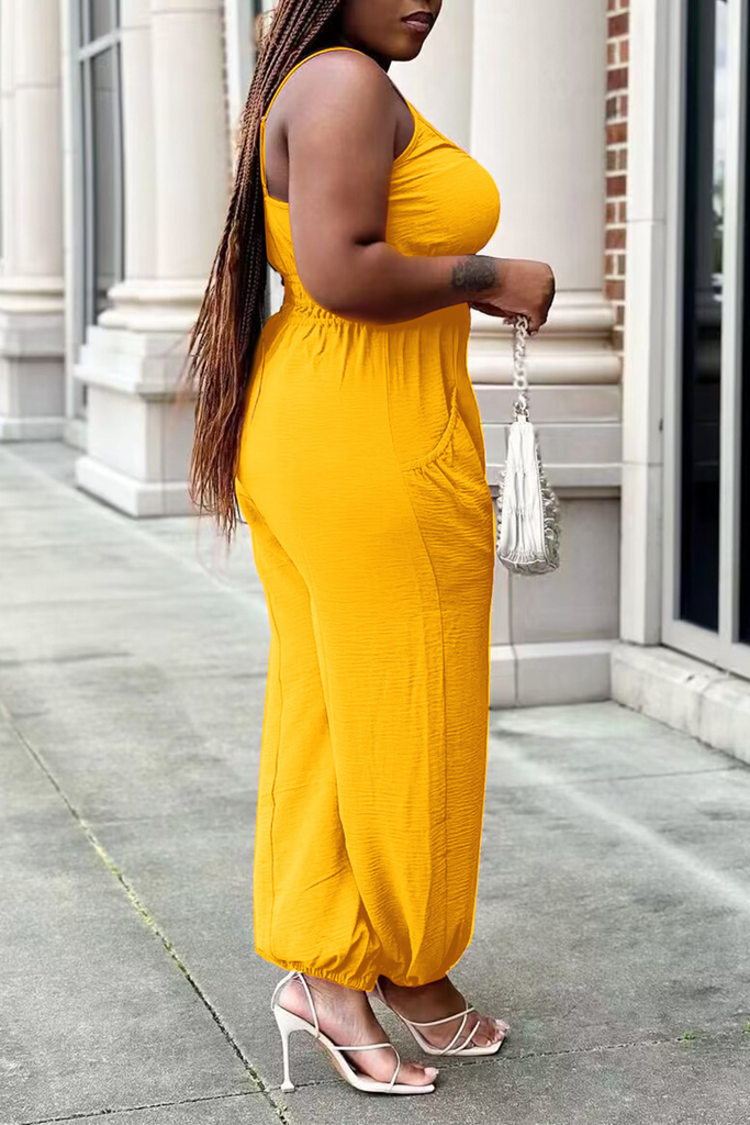 Sexy Solid Patchwork Spaghetti Strap Plus Size Jumpsuits