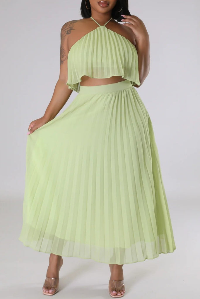 Casual Solid Bandage Backless Pleated Halter Sleeveless Two Pieces