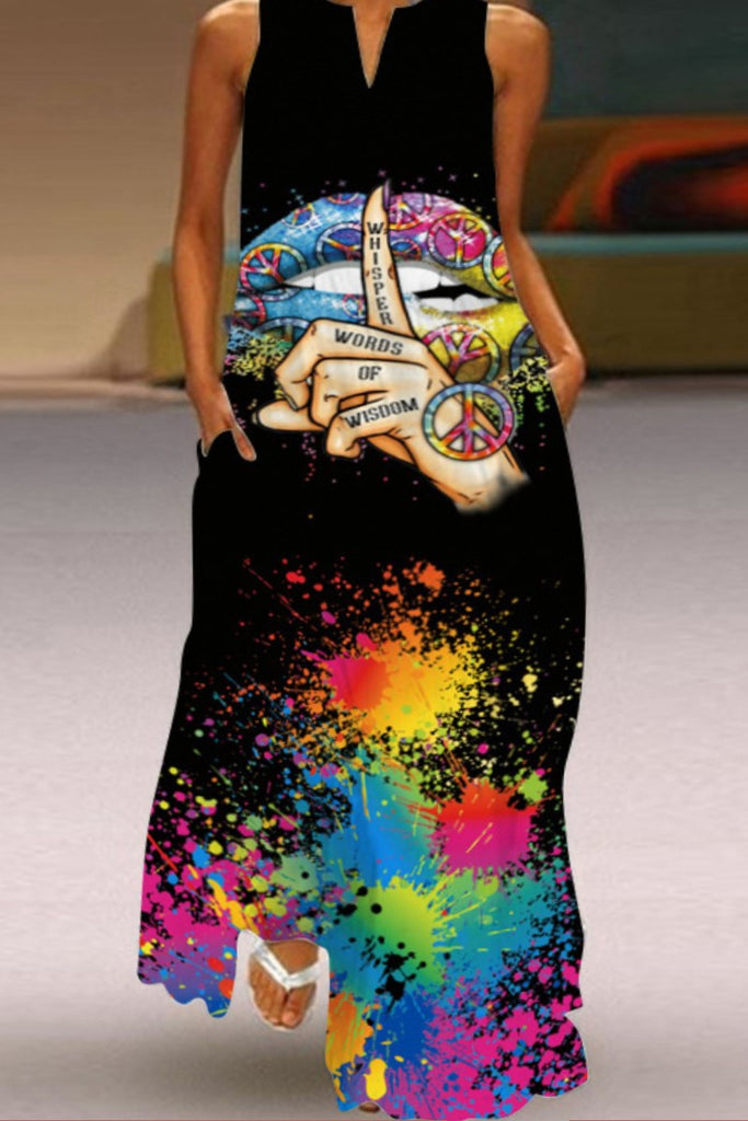 Fashion Casual Plus Size Print Patchwork V Neck Sleeveless Dress