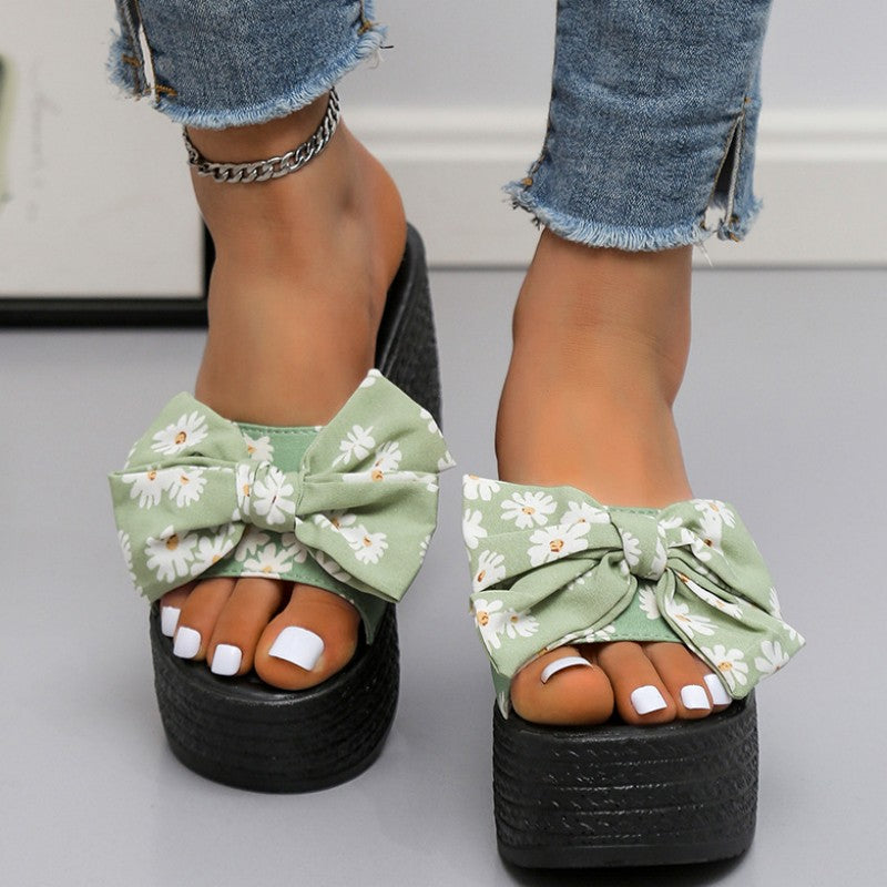 Casual Patchwork Printing With Bow Round Wedges Shoes (Heel Height 3.15in)