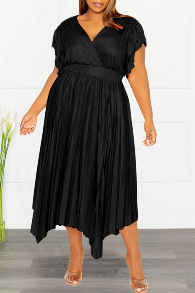 Casual Solid Patchwork V Neck Pleated Plus Size Dresses