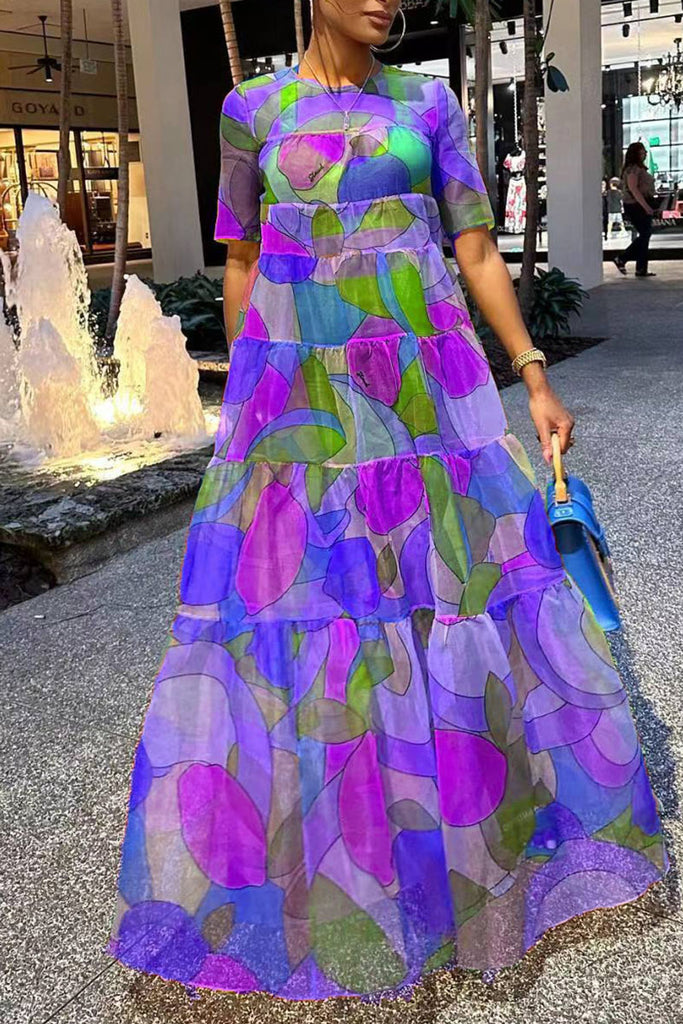 Casual Print Patchwork O Neck Straight Dresses