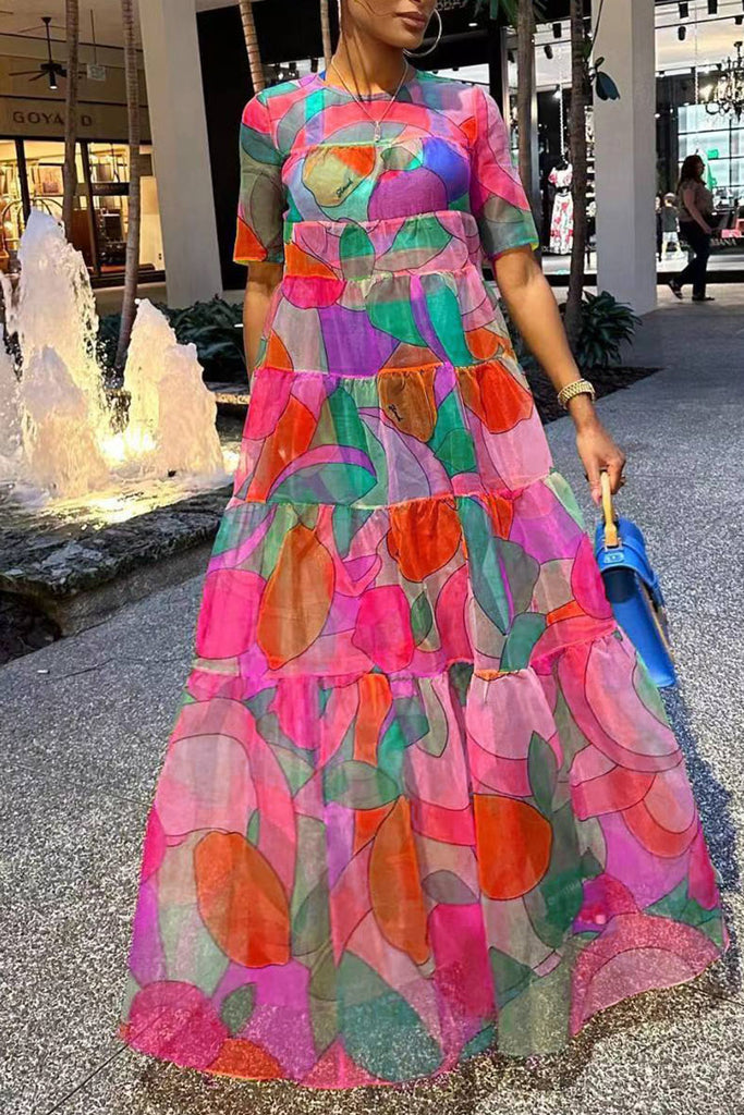 Casual Print Patchwork O Neck Straight Dresses